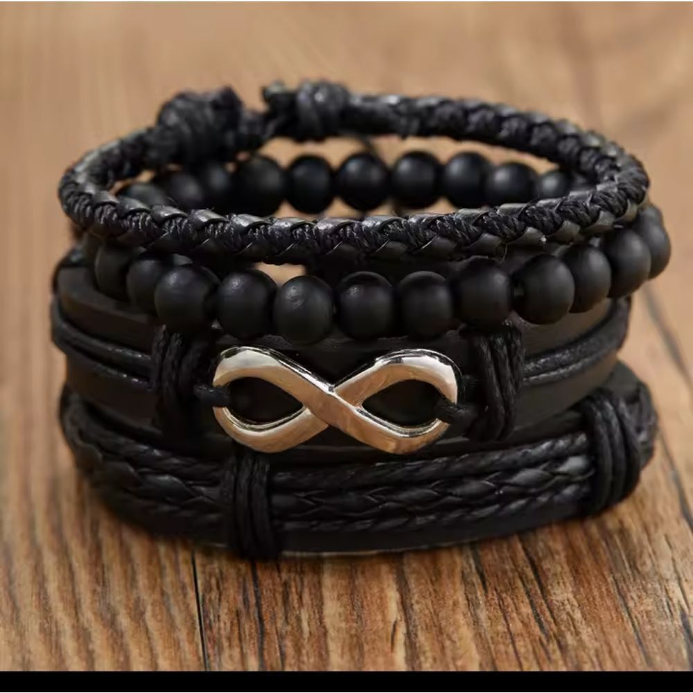 4 Men's bracelets leather layered infinity stacked beaded black new e92